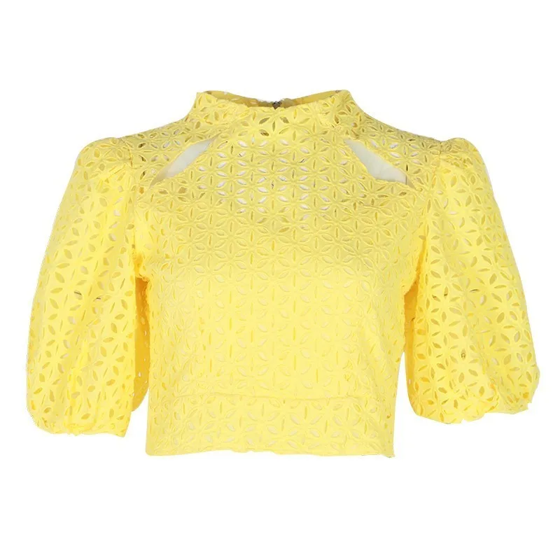 yellow TWOTWINSTYLE винтажная открытая женская блузка со стоячим рукавом средней длины, однотонная Свободная рубашка, Женская Летняя мода, новая одежда - Цвет: yellow
