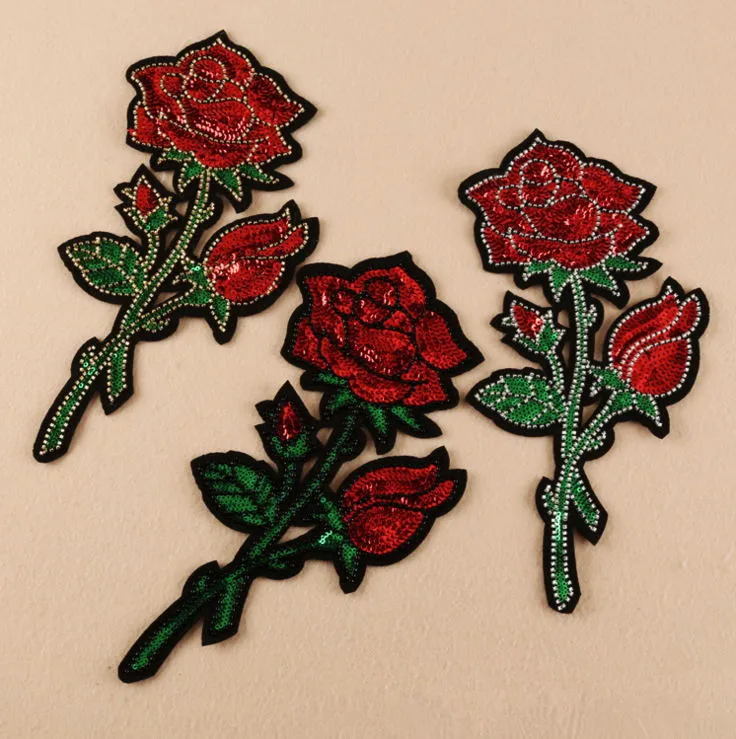 

New arrival 3 pcs big rose flowers Embroidered Beaded patches iron on motor jacket coat Motif Applique decor repair accessory