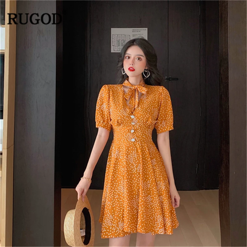 RUGOD 2019 New Summer Women Dot Mini Dress Strap V-neck Short Sleeves High Waist Slim A-line Vestidos Vintage Mujer Modis | Женская