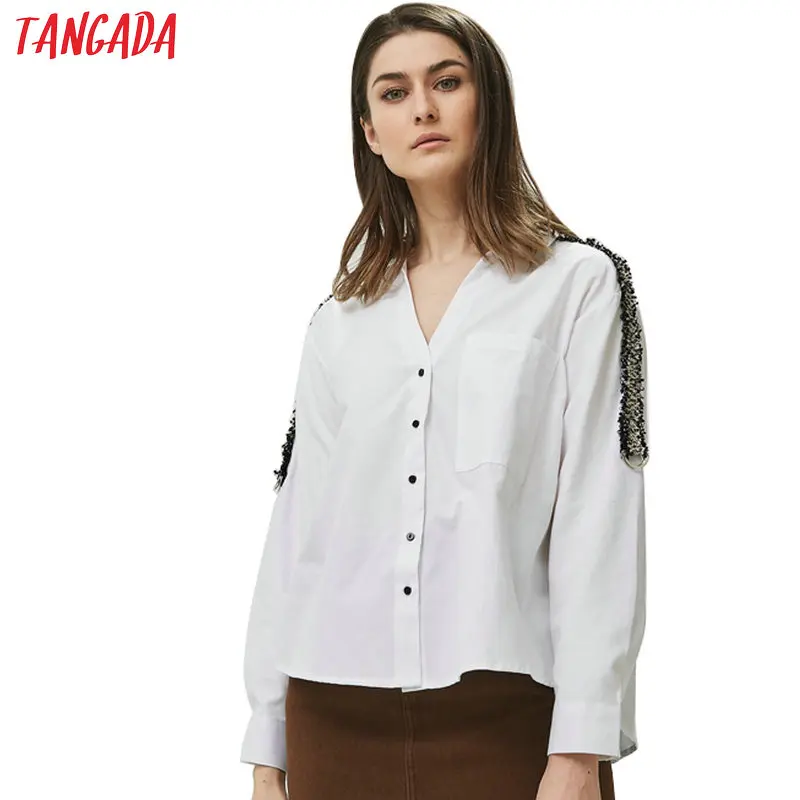 Tangada белая рубашка рубашка из хлопка хлопковая рубашка белая блузка блузка с вышивкой белая рубашка оверсайз базовая рубашка офисная блузка c V-образным вырезом BE335