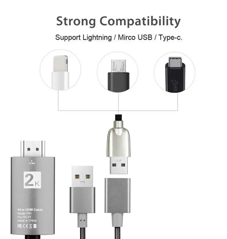 2 м 1080P 2 в 1 USB к HDMI HD ТВ кабель конвертер мобильный телефон к HDMI ТВ Кабель-адаптер для iPhone iPad IOS 8,0 Android телефон