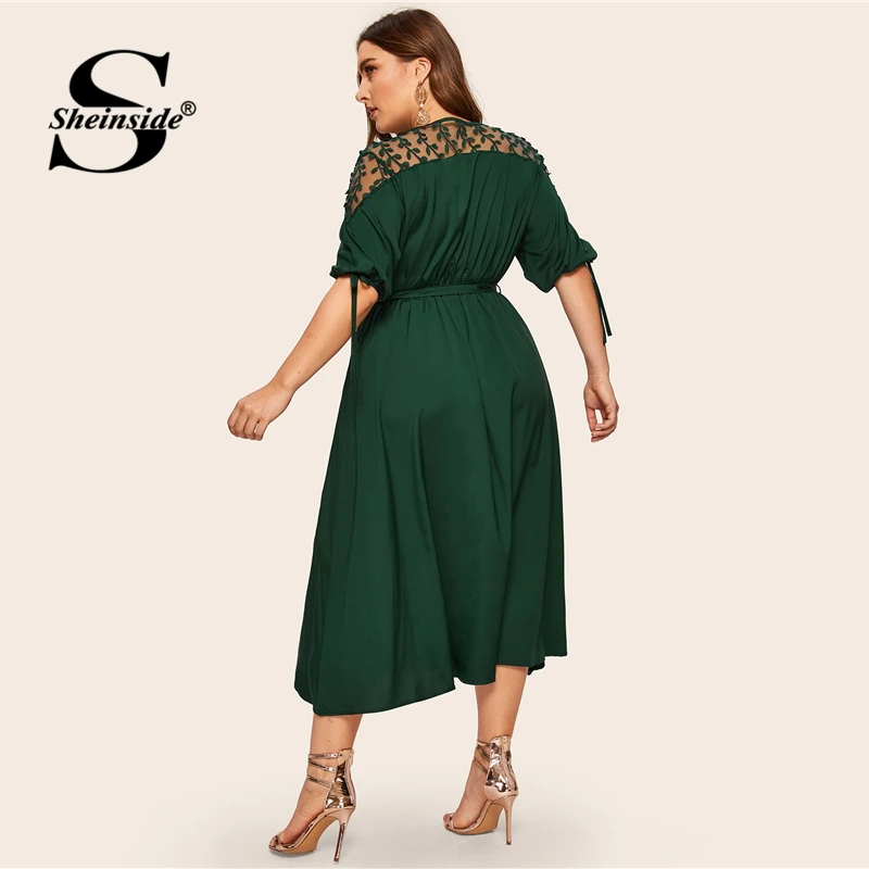 Sheinside плюс Размеры V Neck контраст Сетчатое платье Для женщин Элегантный манжеты на шнуровке длинное кружевное платье с v-образным вырезом на спине лето с рукавом до локтя миди платье