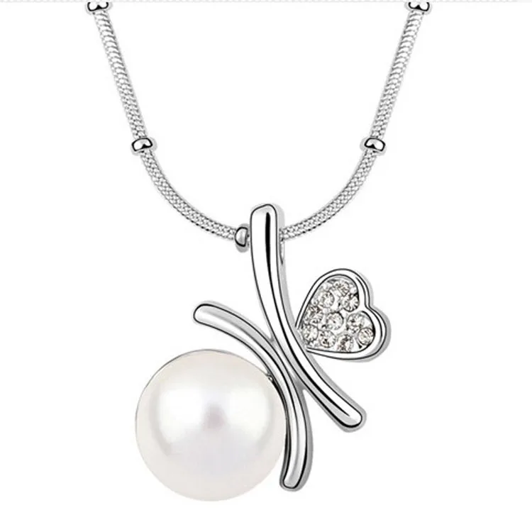 Wholesale High Quality Austrya Crystal Simulated Pearl Pendant Necklace Silver Plated Fashion Jewelry Wedding Bridal For Women | Украшения