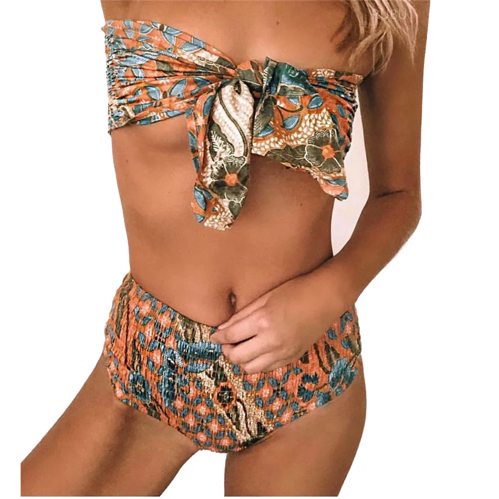 2020 сексуальный женский купальник бандаж бикини с принтом плиссированный бантик
