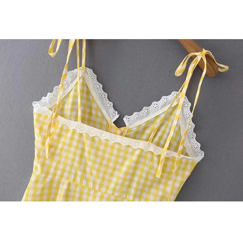 Женское винтажное платье в клетку boho желтое элегантное кружевное на пуговицах