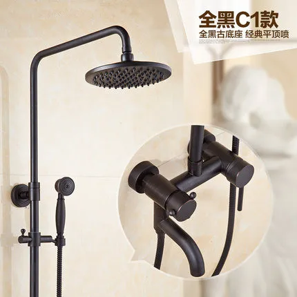 

Shower Faucets Black Brass Wall Mounted Bathtub Faucet 8" Round Rain Shower Head Hand Bathroom Mixer Valve Rainfall Sets SY-010R