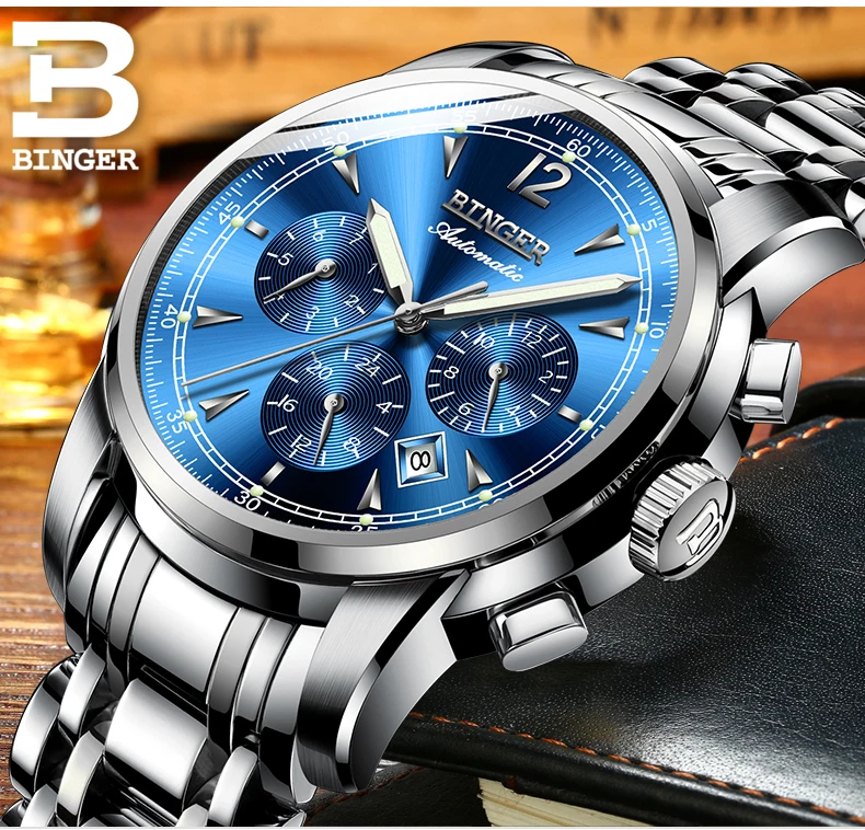 Montre homme Switzerland BINGER модные автоматические часы для мужчин 24 часы с календарем неделя Сапфир Водонепроницаемый светящийся Horloges mannen