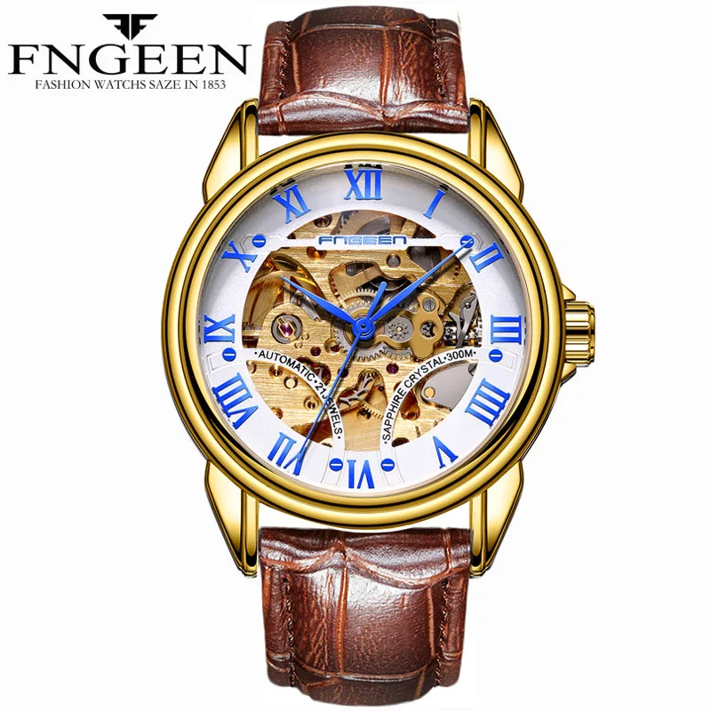 Leather Gold Blue Золотые часы для мужчин, Лидирующий бренд, высокое качество, водонепроницаемые стальные механические наручные часы, Tourbillon, скелет, Hodinky, мужские часы, Saat - Цвет: Leather Gold Blue