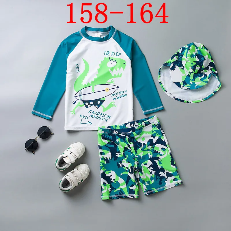 SIZE 158-164 Новинка года, купальный костюм для мальчиков с изображением зеленого динозавра, 3 предмета, купальный костюм с длинными рукавами для мальчиков, детский купальный костюм UPF50+ пляжная одежда с защитой от УФ-лучей - Цвет: SIZE 158-164