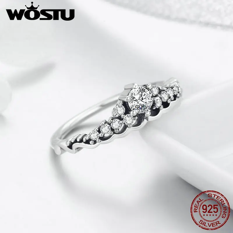WOSTU Роскошные 100% 925 пробы серебро сказка Тиара кольцо ясно CZ палец для Для женщин