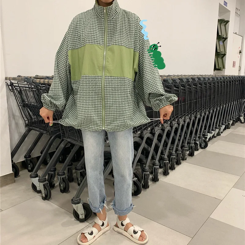 Женские куртки в клетку BF корейский Harajuku Ulzzang стиль с длинным рукавом Повседневная Женская Базовая куртка Универсальная Высокое качество свободные трендовые