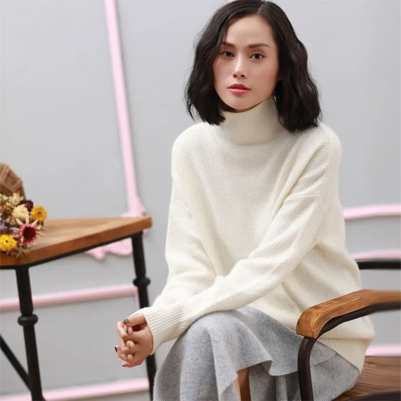 Женский свитер-пуловер с высоким воротником 100% чистый кашемир длинными рукавами