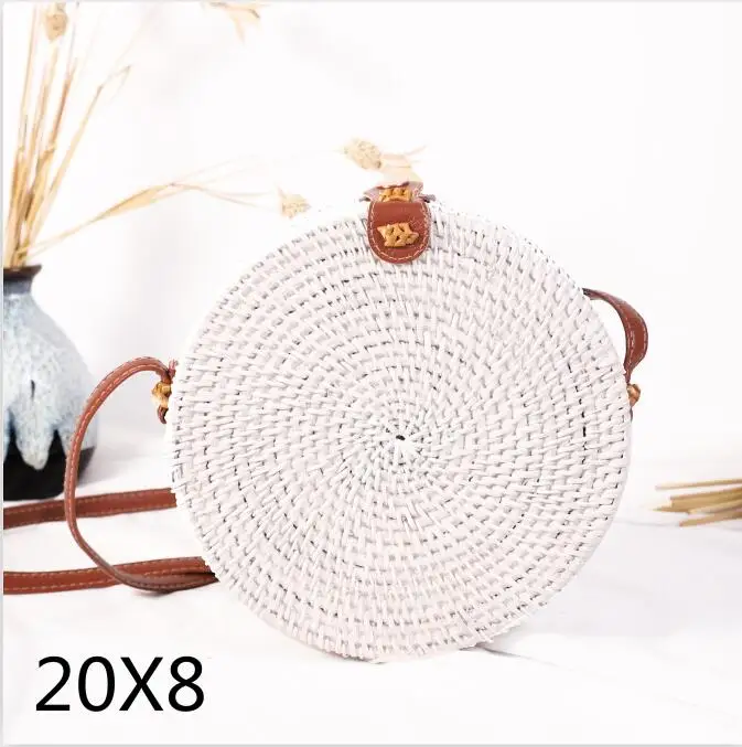 whitekou20x8cm Плетеная Сумка из ротанга, круглая соломенная сумка на плечо, маленькие пляжные сумки, женские летние полые сумки ручной работы, сумки через плечо - Цвет: whitekou20x8cm