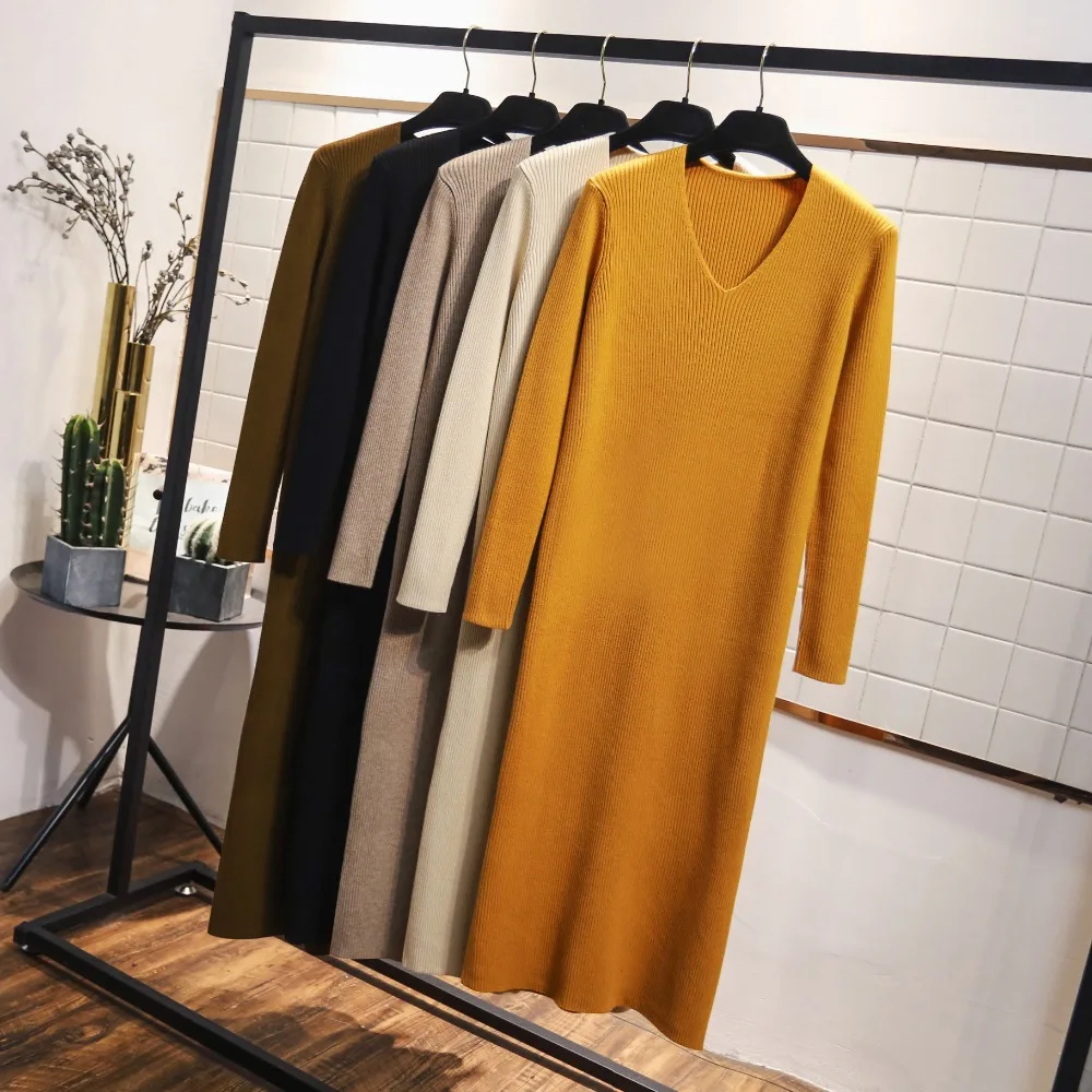 Прямое вязаное платье-свитер женское платье средней длины в Корейском стиле
