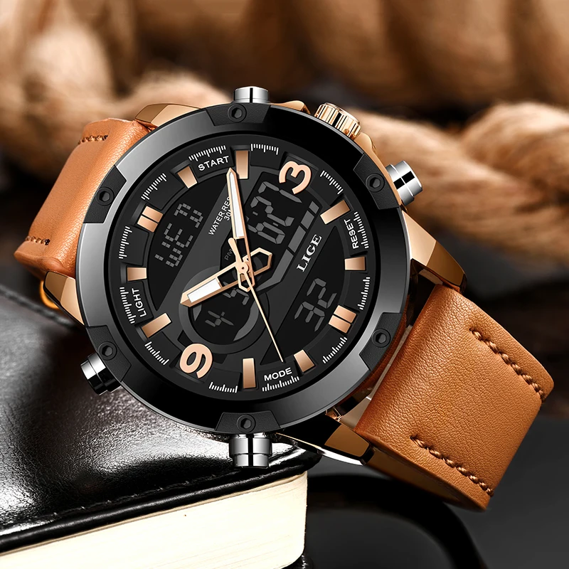 LIGE Новые Роскошные Аналоговые Цифровые кварцевые часы Брендовые повседневные
