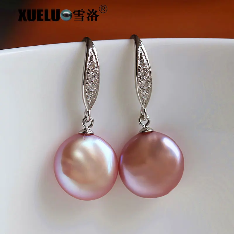 

XUELUO 925 Sterling Silver 14-15mm Fashion Lavender Coin Baroque Genuine Freshwater Pearl Earrings Jewelry Drop Pearl Earrings