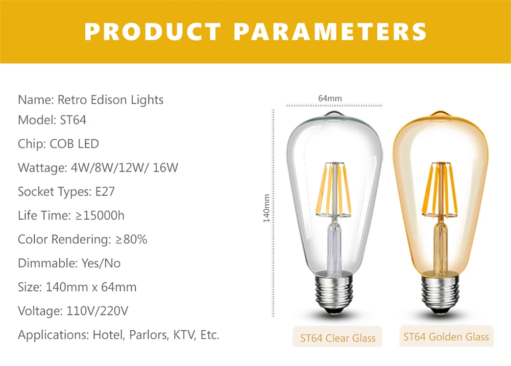 Дешевые 6 шт. 220V Винтаж Edison led диммер светильник E27 светодиодный лампы ST64 теплый белый 16 Вт Светодиодный светильник с регулируемой яркостью, ретро светильник для украшения дома