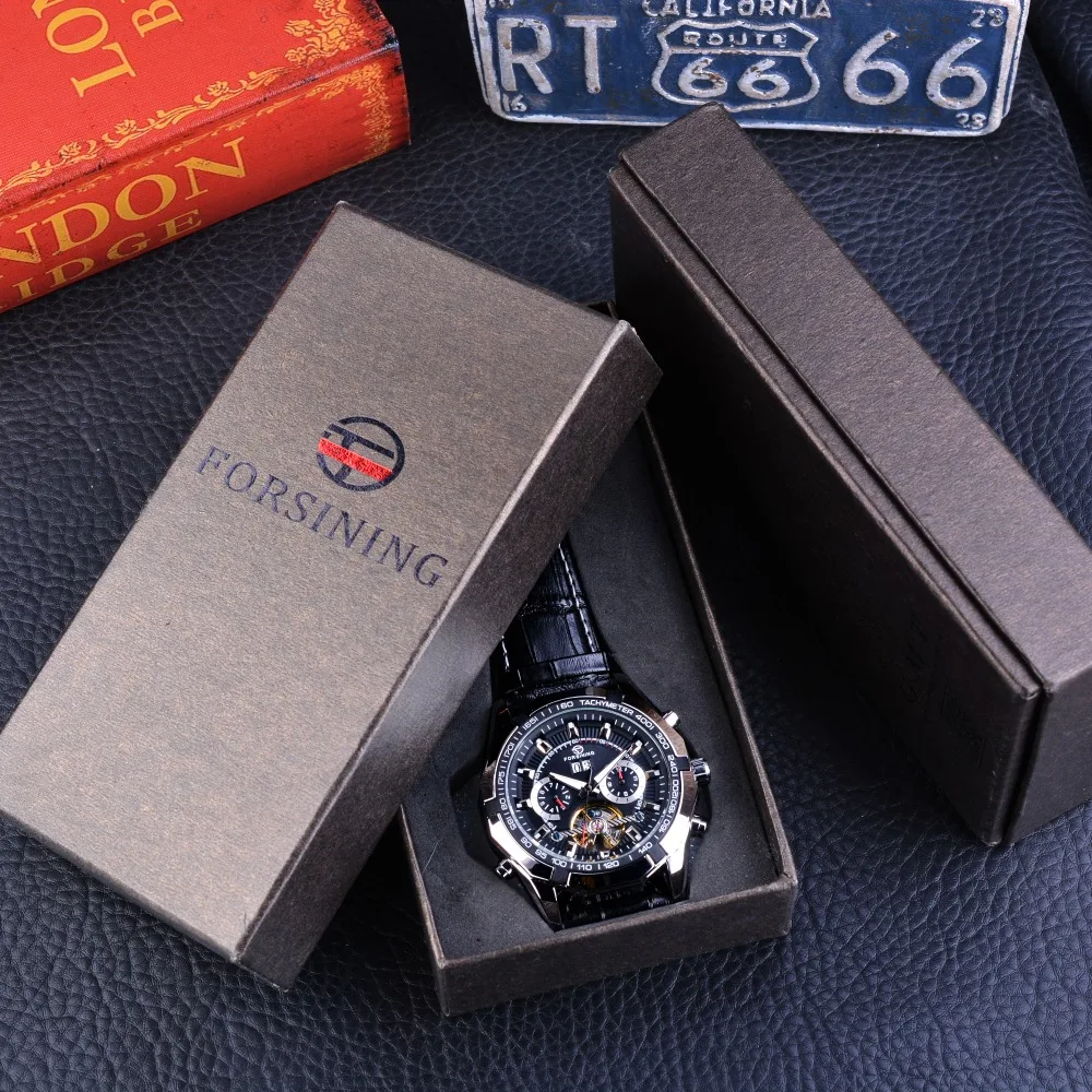 Forsining Дата Tourbillion дисплей кожаный ремень креативные часы черный серебристый стимпанк Мужские механические Автоматические часы Лидирующий бренд