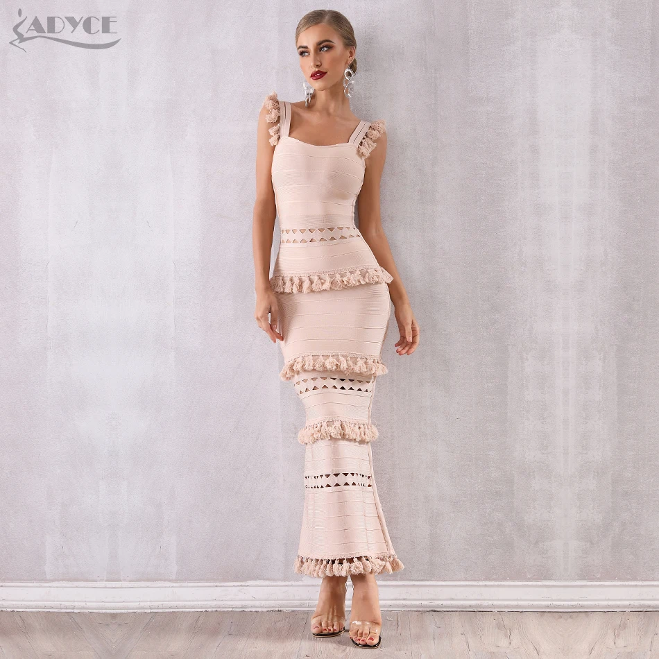 Adyce 2021 New Summer Women Maxi Hollow Out Bandage Dress Sexy Sleeveless Tassel Club Fringe Celebrity Evening Party | Женская одежда