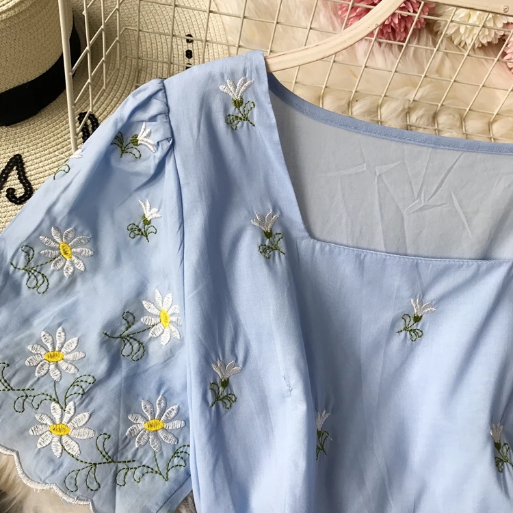 ALPHALMODA, новинка, платье с цветочной вышивкой для морского отдыха, квадратный воротник, расклешенный рукав, платье, тайское, аккуратное, до середины икры, Vestidos