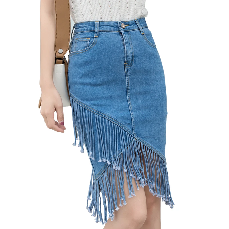 

Юбка с бахромой, новая женская одежда, Эластичные Обтягивающие джинсовые юбки, синие, черные модные милые юбки до колен