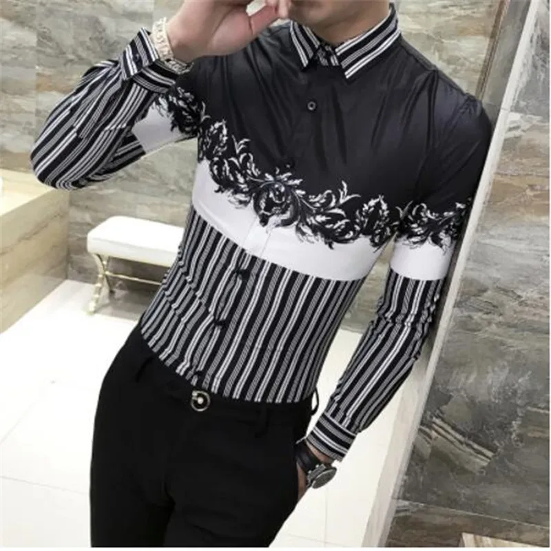 Мужская рубашка в полоску Chemise Homme черная белая с длинным рукавом для выпускного