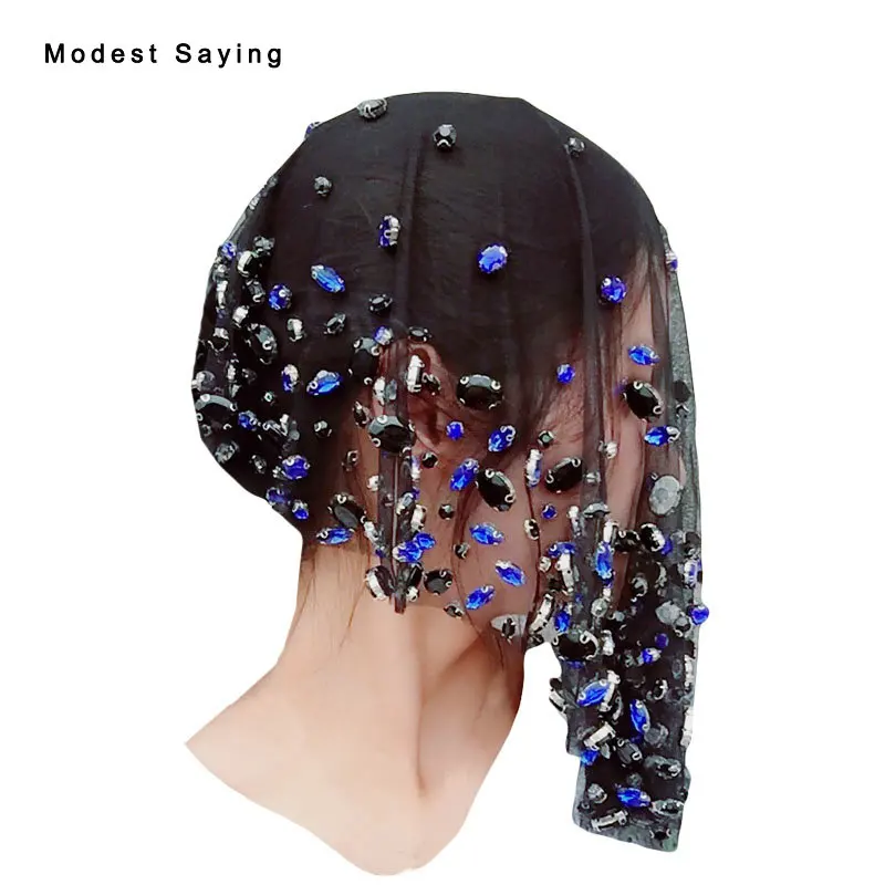 Роскошная Черно-синяя свадебная фата с кристаллами 50 см 2017 короткая птичья