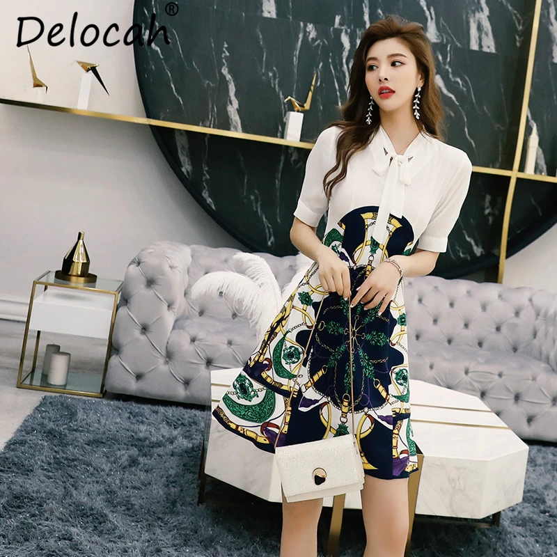 Delocah/Новинка, модный Дизайнерский Костюм, летнее платье, женское платье с коротким рукавом и бантом, с геометрическим принтом, элегантное тонкое мини-платье трапециевидной формы