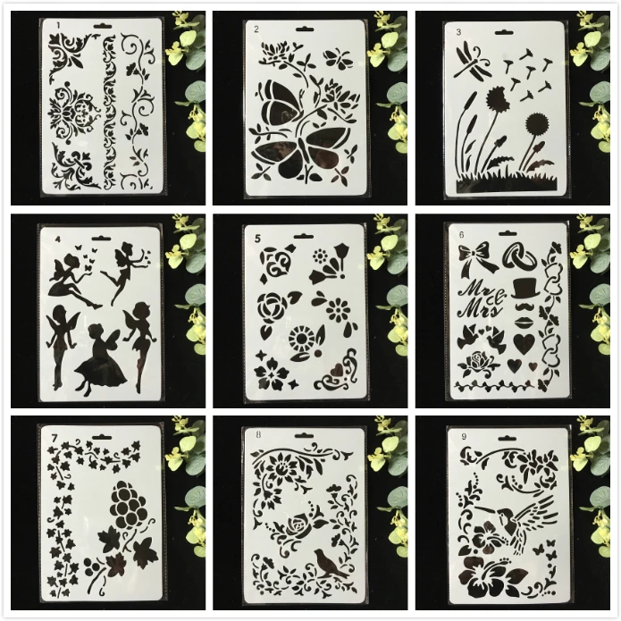 

9Pcs/Pack 27cm Butterfly Fairy Flower DIY Layering Stencils Wall Painting Scrapbook Coloring Embossing Album Decorative Template