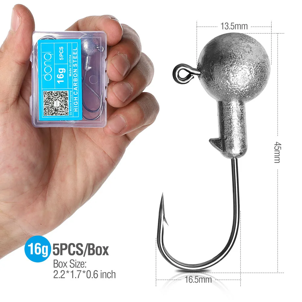 5pcs 16g DONQL 5 шт./компл. Lead Jig Head рыболовный крючок углерода Сталь колючей крючок для Мягкая приманка в виде червей 1g-20 г карп рыболовные крючки с коробкой - Цвет: 5pcs 16g