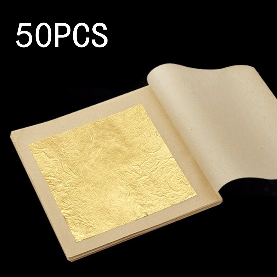 50Pcs 50/100 шт 24 карат съедобные лист из золотой фольги Пособия по кулинарии Еда произведения искусства Декор золочение Красота Декор площадь 4,33 см - Цвет: 50Pcs