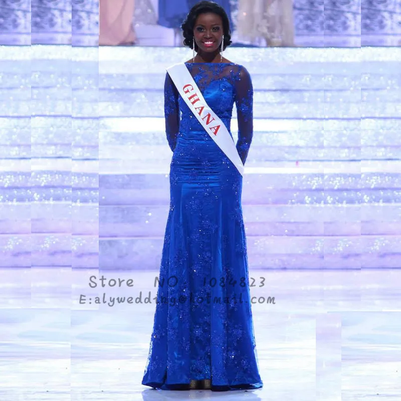 2016 Королевский Синий Аппликация С Длинным Рукавом Русалка Длинное Вечернее