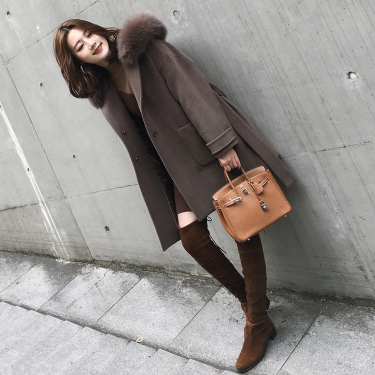 Women wool coat Office Lady Hooded Women Wool Blend Coat Double Breasted Solid Cashmere Jacket Slim Regular Ladies Coats C338