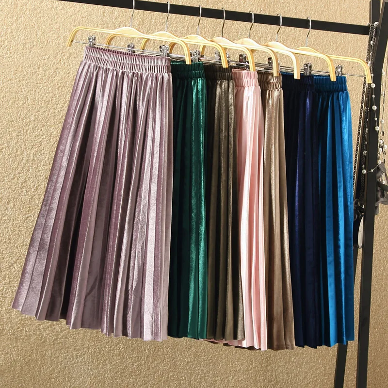 Long Skirts For Women Caual Velvet High Waist Vintage 2019 New Winter Solid A-line Pleated Skirt Petticoat Underskirt | Женская одежда