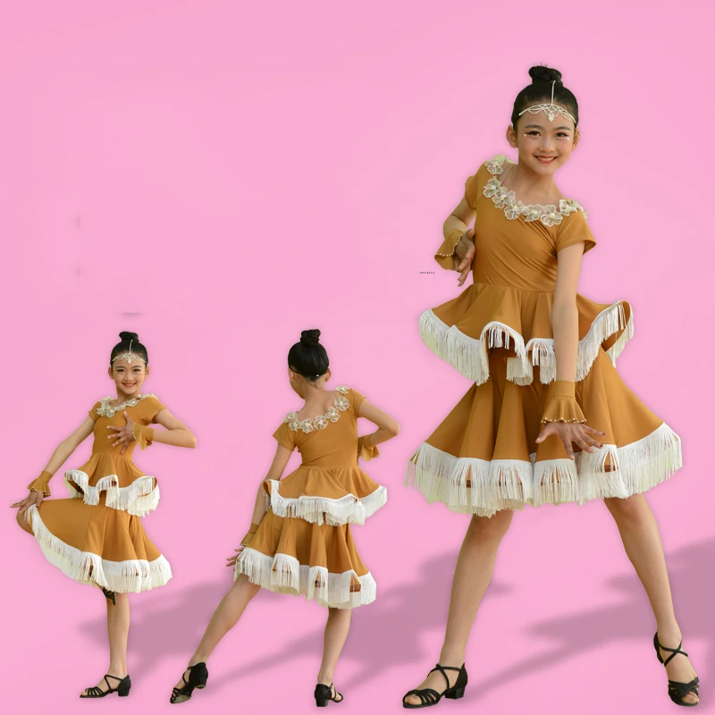 

Short Sleeve Mordern Ballroom Dancing Dresses For Kids Double Tassel Salsa Dress Children'S Day Latin Competition Dress DQS1740