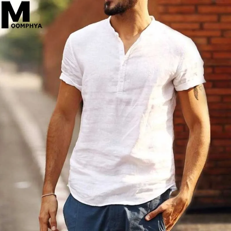 

Moomphya Linen Henley Neck Short Sleeve T-Shirt Men Streetwear Casual Buttons Collar Men T Shirt Oversize Summer Top Tee Shirt