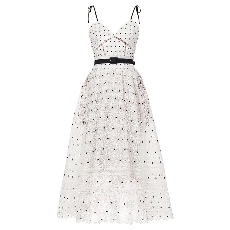 High Quality Self Portrait Dress 2019 Women Sexy V-neck Spaghetti Strap Pleated Long White Polka Dot Hollow Out Lace | Женская одежда