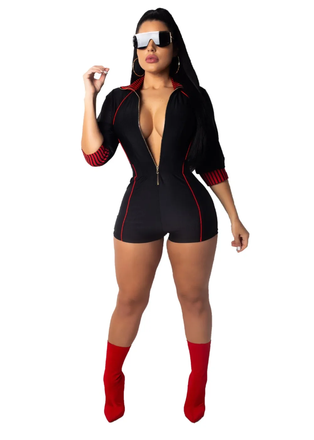 

Women Hot Fashion Front Zip Skinny Playsuits Women Short Jumpsuits