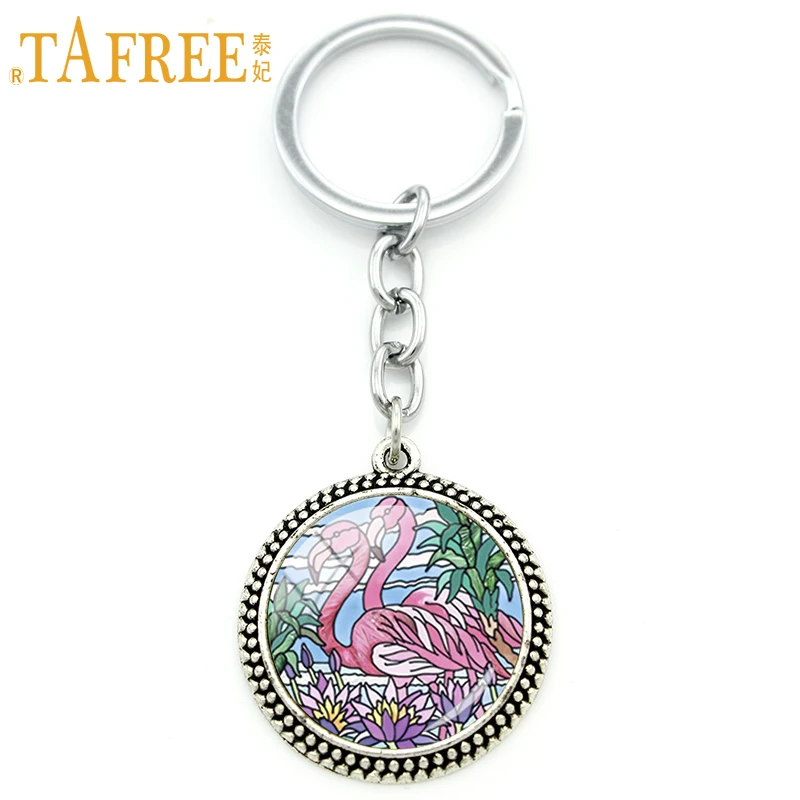 

TAFREE artistic birds in the river Key Chain Luminous Flamingo keychain fashion lovely summer romantic cabochon jewelry NS443
