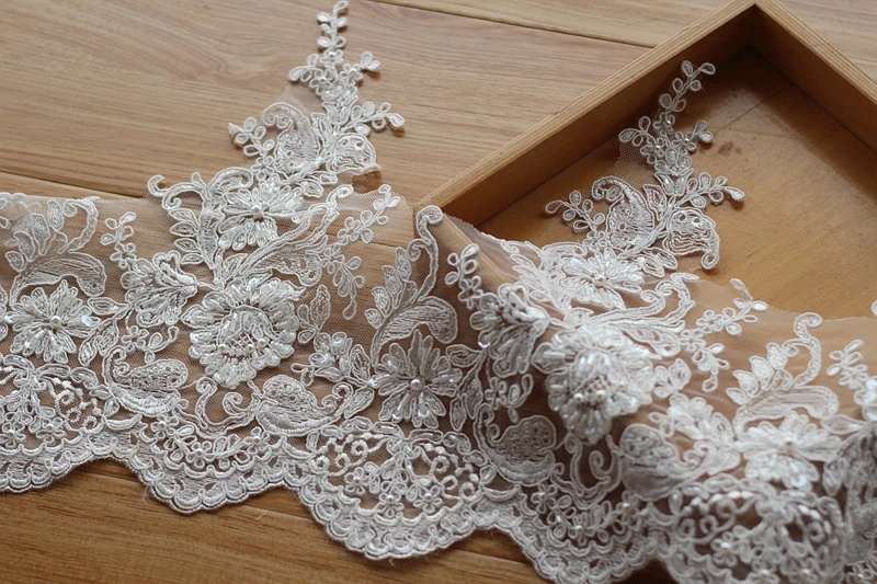 Ivory Alencon Lace Trim High Quality Hand Made Beaded Sequined Wedding Embroidered Retro Bridal 10.6'' Wide 1yard | Дом и сад