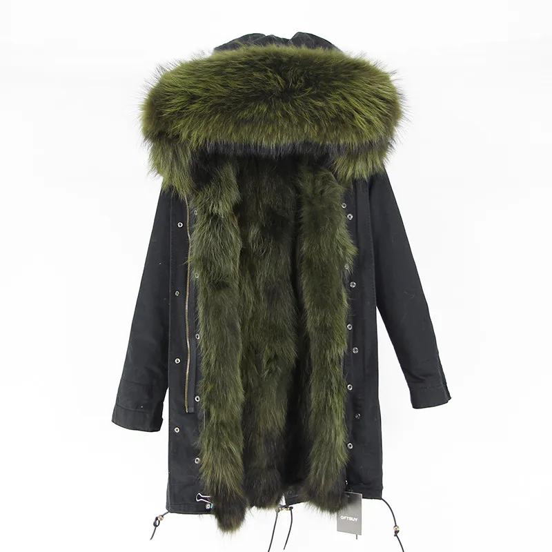 black green OFTBUY, Длинная зимняя куртка, женская верхняя одежда, толстые парки, енот, натуральный мех, воротник, пальто с капюшоном, настоящая теплая подкладка из лисьего меха - Цвет: black green