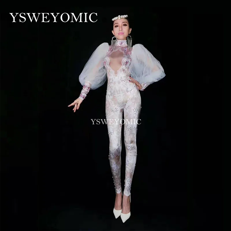 3D print White Color Lace Lady Performance Stage jumpsuit Long sleeve Sexy club Dance Costume Women Sexy Pole Bodysuit YSW6651