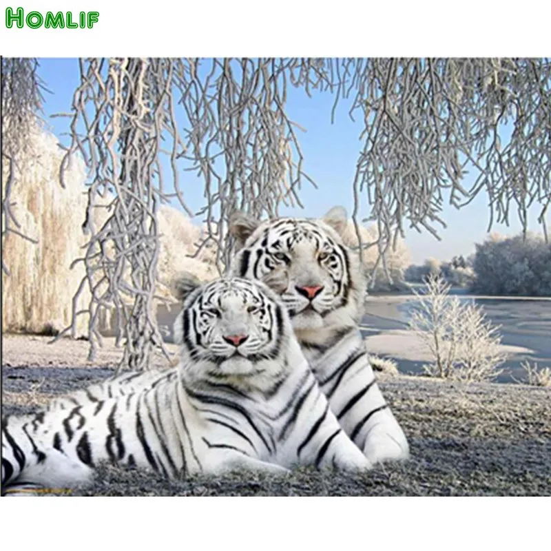 5D DIY алмазная живопись круглый белый тигр пара шаблон рукоделие мозаика полная