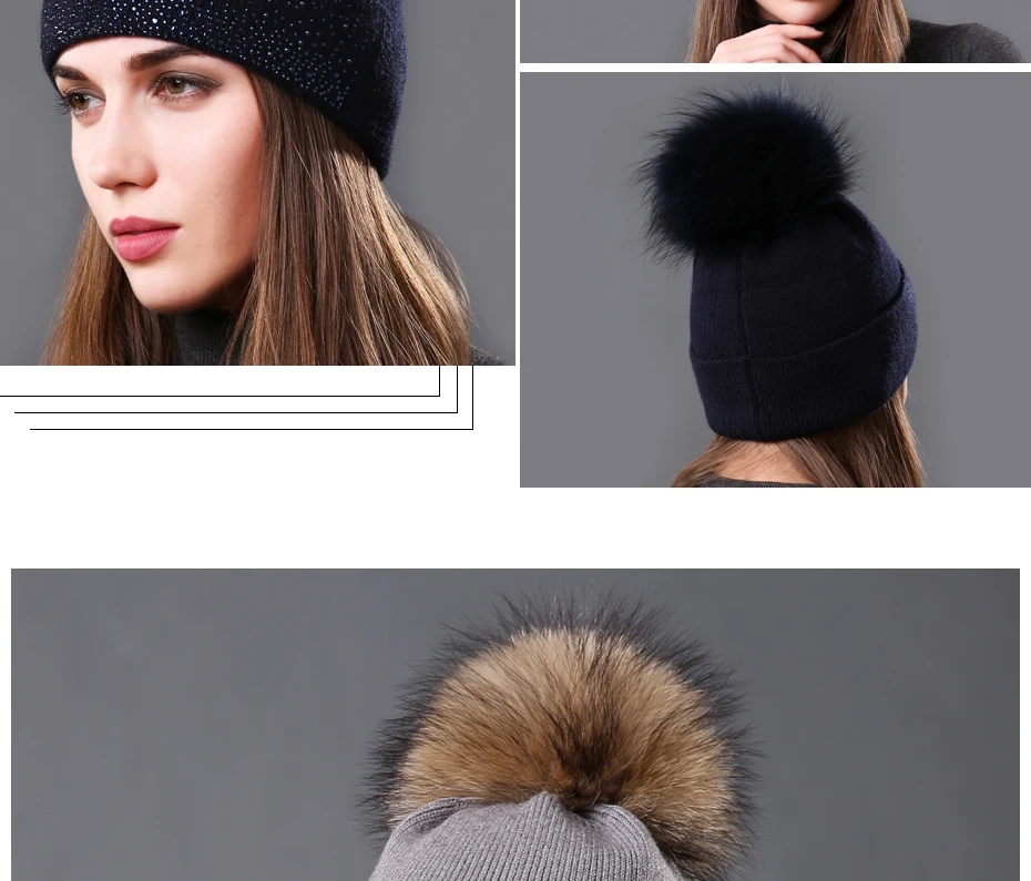 [Подошва толпа] Мода г. стразы женские вязаные шапки шапочки зимние теплые пушистые воротник из натурального меха енота меховая шапка с помпоном для женщин