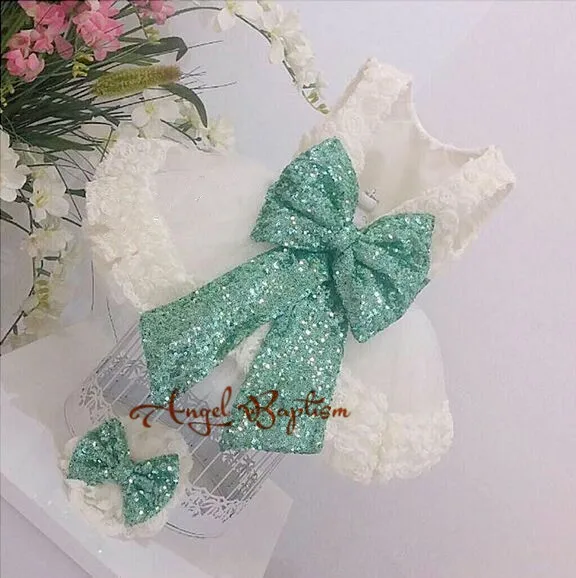 Ivory cute flower girl dress for wedding lace tulle ball gown knee-length baby 1st birthday party outfits with green sequins bow | Детская