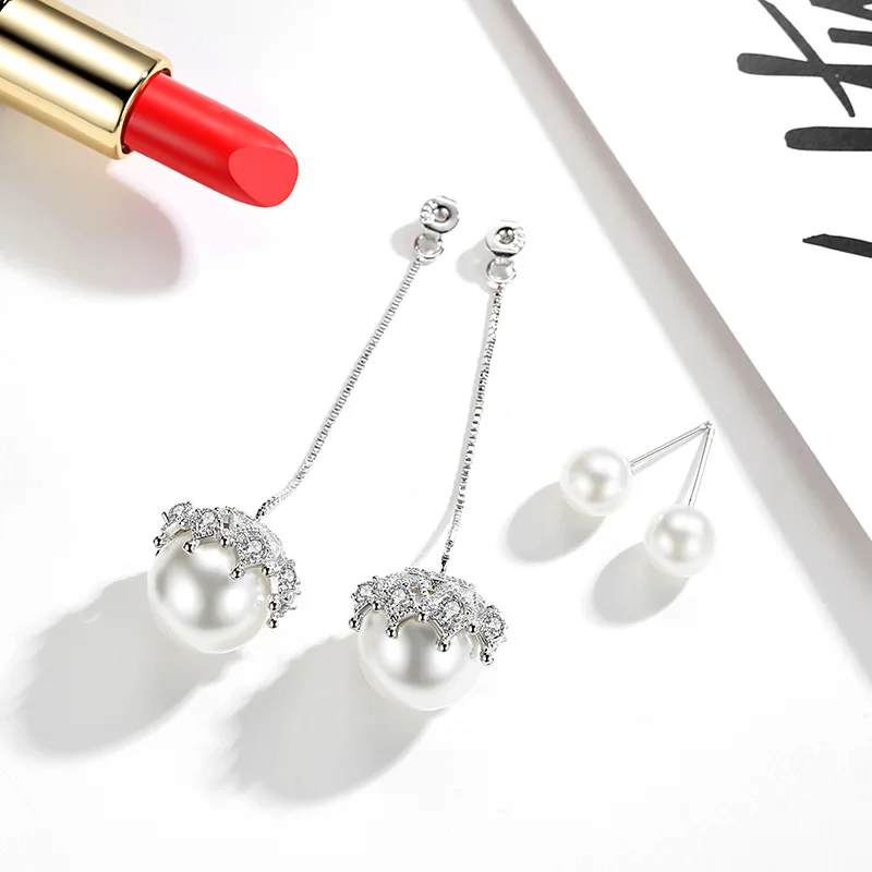 

100% 925 Sterling Silver Pearl Crystal Fashion Design Long Stud Earrings for Women Jewelry Christmas Gift Wholesale