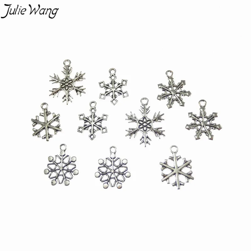 Julie Wang 10 шт смешанные снежинки Подвески античный серебряный цвет кулон Рождество