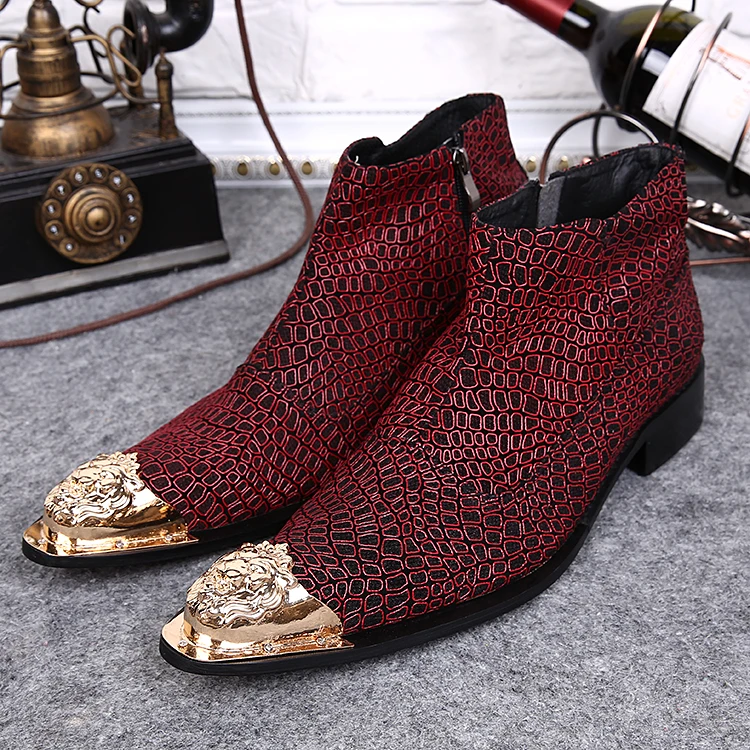 

Red Martin Boots Gold Metal pointed toe Male Ankle Short Boots Ridding Shoes Big Size 46