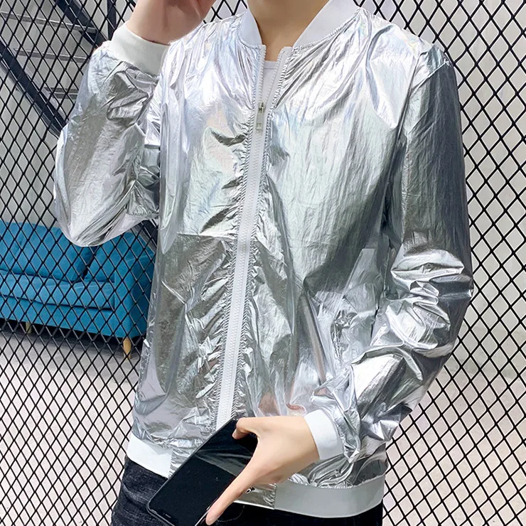 Серебряный бомбер тонкая мужская куртка весна лето водонепроницаемая