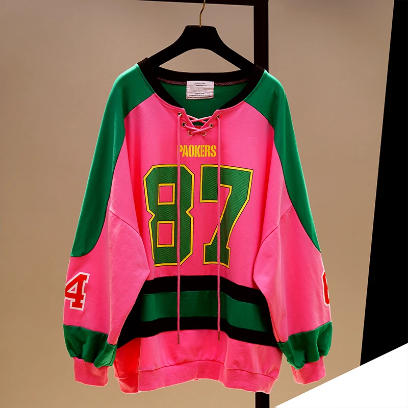 Korean Fashion Girl Student Number Print Hoodies BF Design Color Block Spliced Sweatshirts V Neck Plus Size Loose Pullovers Coat | Женская